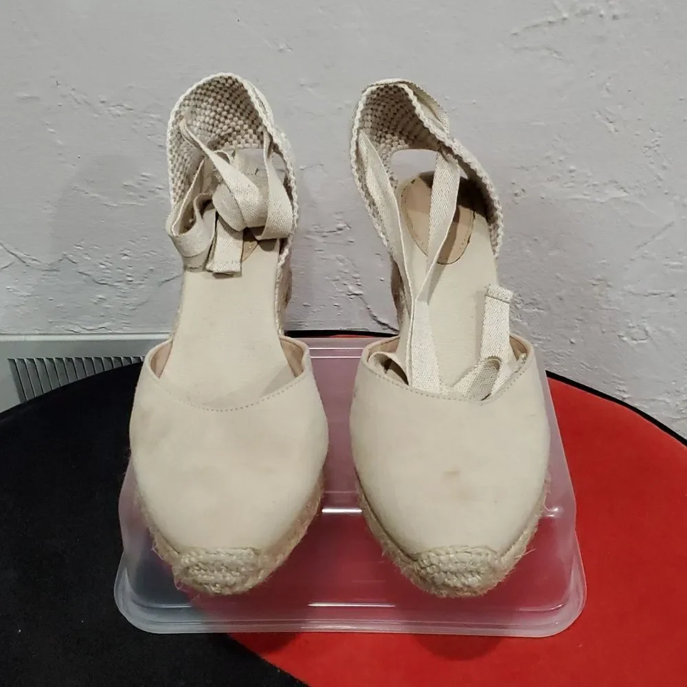 Boden Made In Spain Lace Up Espadrille Wedge In Cream Size 40 Or 9